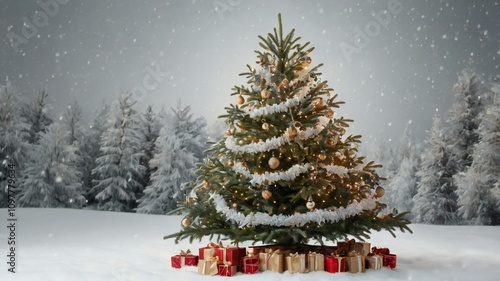 A vibrant Christmas tree with twinkling lights and presents, resting in a peaceful snowy scene.