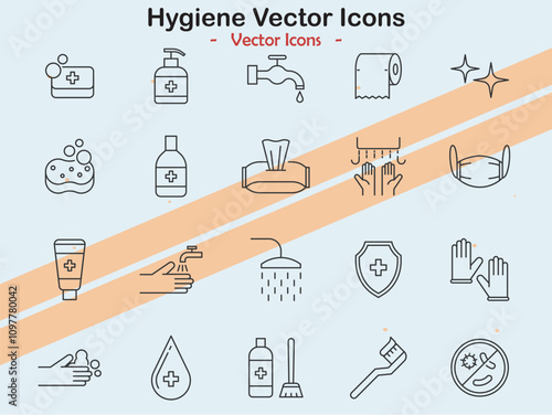 Icons representing hygiene and cleanliness themes in vector style