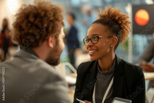 black business woman professionals having a conversation and smiling in conference event summit