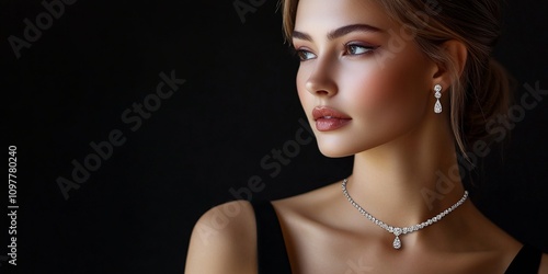 A beautiful woman model showing her diamond jewels, black background, jewelry banner store business
