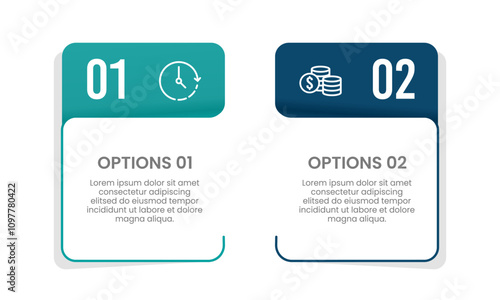 Infographic 2 options comparing money and time in business management. Presentation, Report, Data and Strategy. Vector illustration.