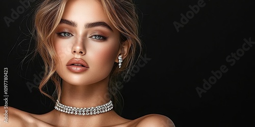 A beautiful blonde woman model showing her diamond jewels in a black background, jewelry banner for jewelry store business
