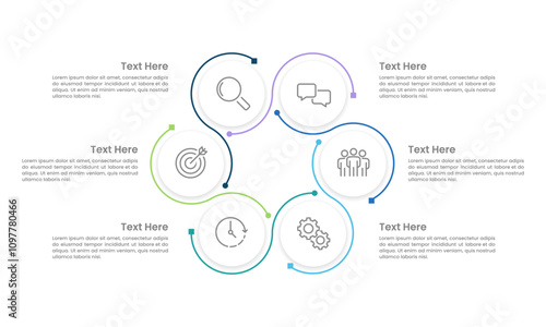 Infographic Workflow 6 Processes to Business Success. Presentation, Framework, Strategy, Management and Development. Vector illustration.