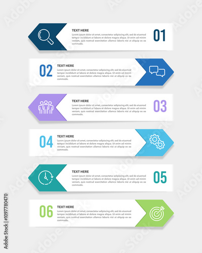 6 Options vertical colorful arrow infographic with numbers, icons and text. Presentation, Data, Report, Banner and Brochure. Vector illustration.