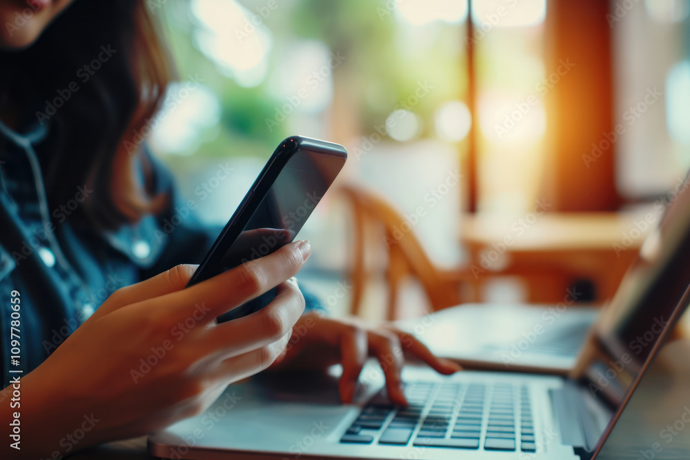 Fototapeta premium Close up of a woman using a laptop and a smartphone sunlight from window