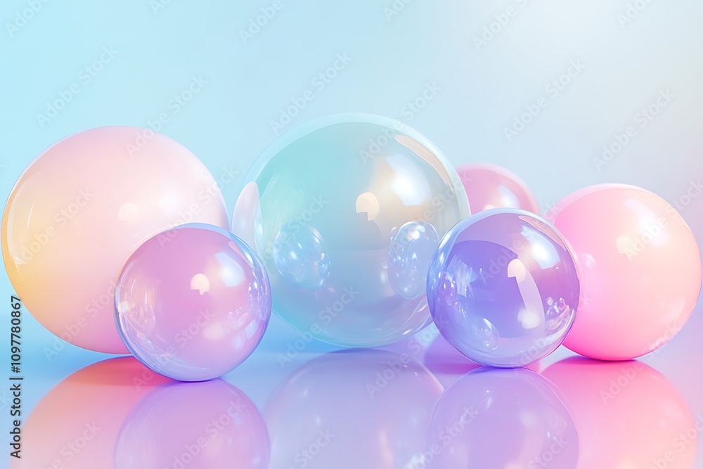 A collection of colorful, translucent spheres on a reflective surface with a soft gradient background. A collection of colorful, translucent spheres on a reflective surface with a soft gradient background.