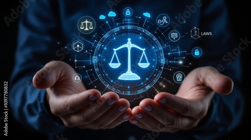 law in artificial intelligence governance. Icons related to AI ethics, symbols of legal scales, security, and global responsibility floating in circle and glowing over the hands of a man