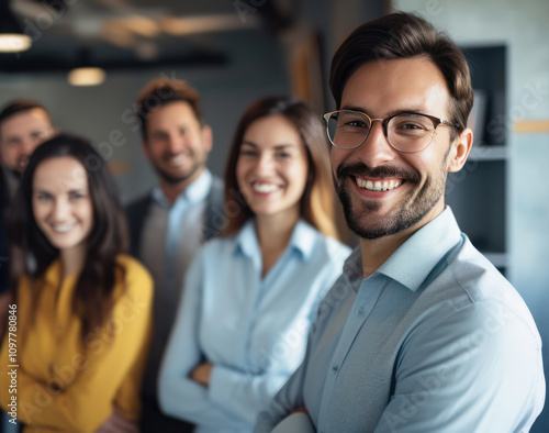 outstanding business person post hand cross arm and smiling with teamwork background office background