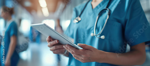 nurse is using a tablet to check a patient status