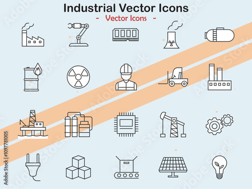 Icons depicting industrial equipment and manufacturing themes in vector style