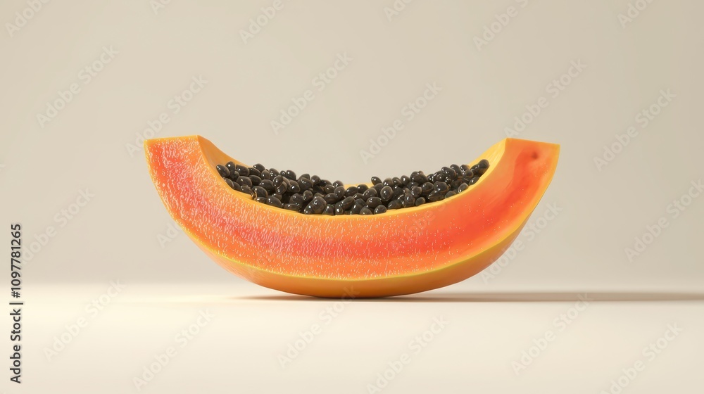 A vibrant slice of papaya, showcasing its bright orange flesh and black seeds, set against a neutral background. A vibrant slice of papaya, showcasing its bright orange flesh and black seeds, set against a neutral background.