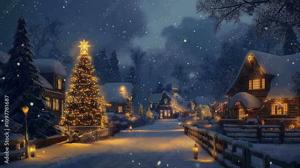 Snowy Christmas village street scene at night with illuminated houses and a large decorated Christmas tree. Snowy Christmas village street scene at night with illuminated houses and a large decorated Christmas tree.