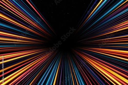 Fiber optic and reliability concept, A vibrant abstract image featuring colorful light streaks radiating toward a central void, creating a sense of motion and depth.