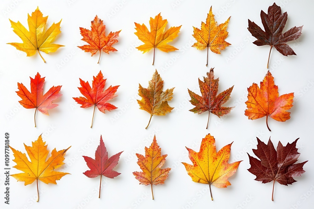 Assortment of fall maple foliage showcased from different angles on a crisp white canvas Assortment of fall maple foliage showcased from different angles on a crisp white canvas