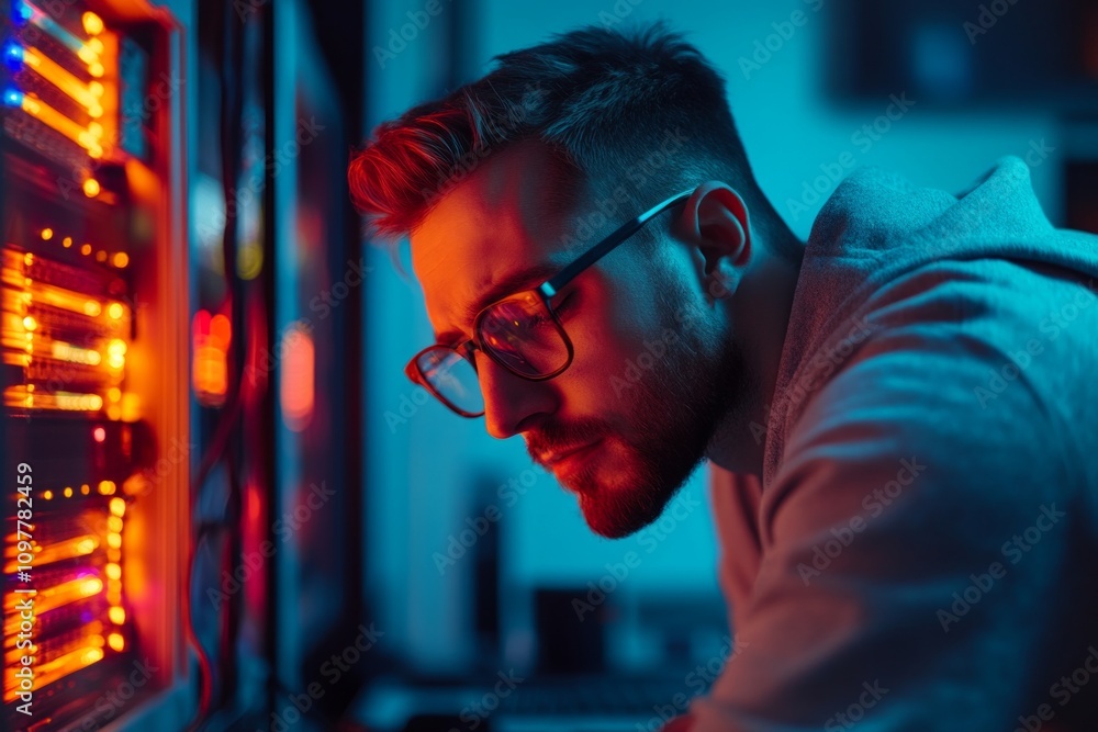 A focused technician examining glowing server data. The room glimmers with vibrant lights and technology. Discover the world of data management and analysis. Generative AI. A focused technician examining glowing server data. The room glimmers with vibrant lights and technology. Discover the world of data management and analysis. Generative AI.