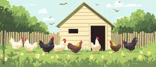 A vibrant farm scene featuring a variety of chickens roaming outside a quaint chicken coop, surrounded by green grass and a wooden fence.