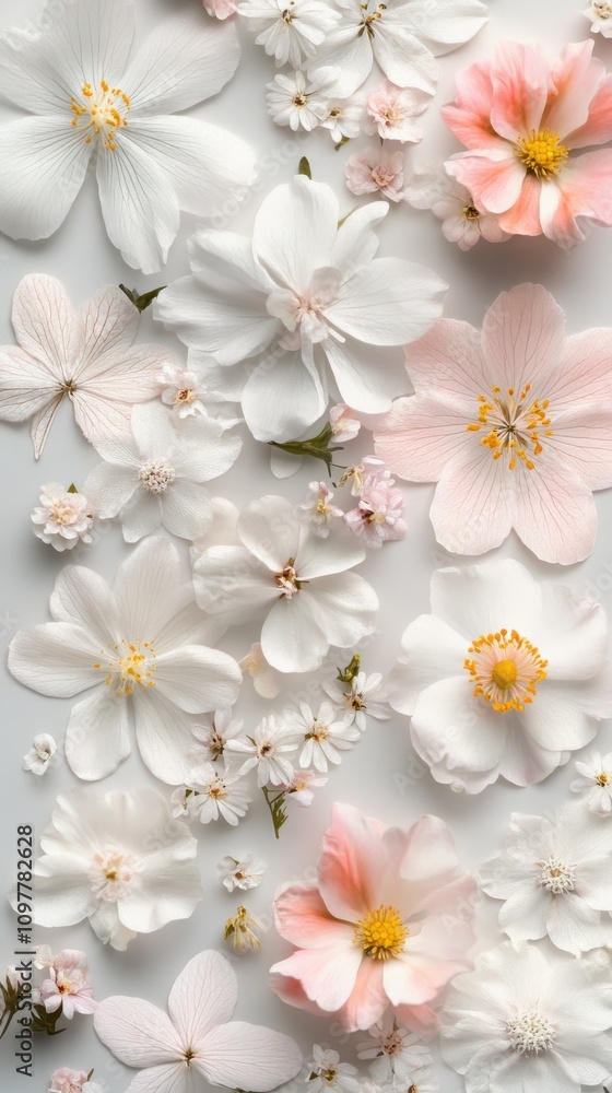 A stunning arrangement of delicate white and pink flowers in various sizes and shapes, creating a serene floral collage. A stunning arrangement of delicate white and pink flowers in various sizes and shapes, creating a serene floral collage.