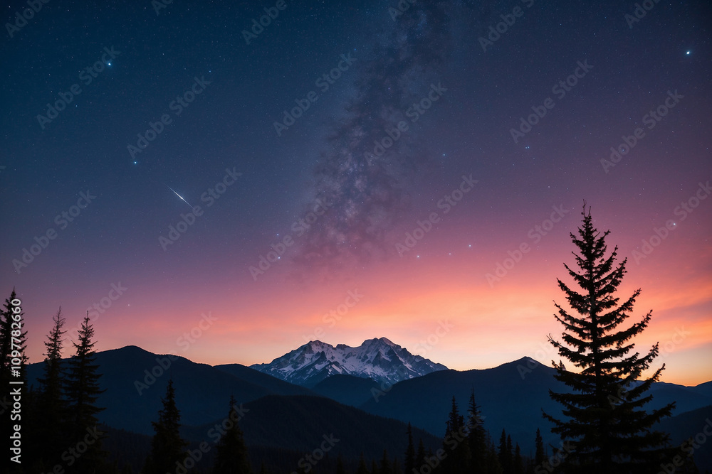 Obraz premium Mountain silhouette with trees on peaks, under a sunrise sky blending deep blue, orange, and pink; faint stars above, night turning to day