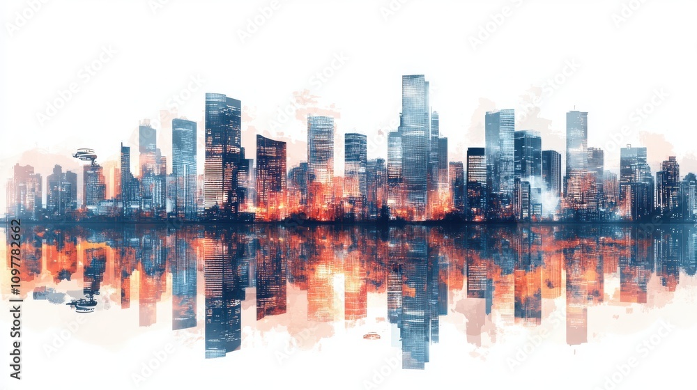 Fototapeta premium Futuristic City Skyline at Sunset with Reflective Structures