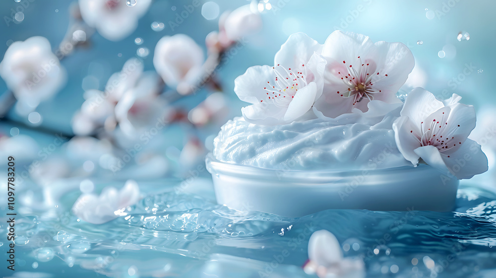 Elegant Cream with Blossoms on Clean Water Surface Elegant Cream with Blossoms on Clean Water Surface