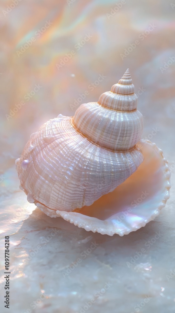 A delicate spiral shell resting on a reflective surface with soft pastel hues. A delicate spiral shell resting on a reflective surface with soft pastel hues.