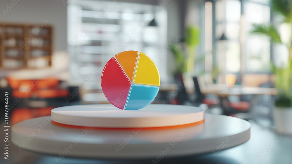 Fototapeta premium 3D pie chart with bold colors floating in front of blurred office background - Conceptual and vibrant, natural daylight
