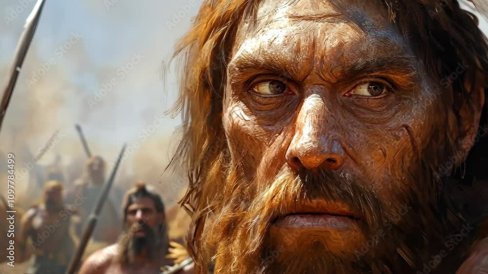 Fierce warriors prepare for battle in a prehistoric landscape during a tribal conflict Fierce warriors prepare for battle in a prehistoric landscape during a tribal conflict