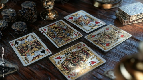 An elaborate display of playing cards featuring ornate designs and symbols on a wooden table setting.