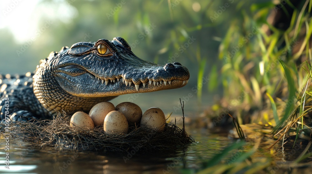 Obraz premium A crocodile guarding her buried eggs on a riverbank