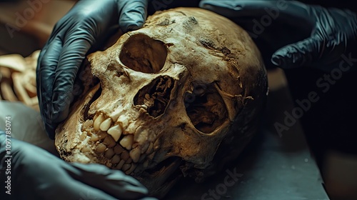 A pair of gloved hands delicately examines a human skull in a dimly lit forensic lab. photo