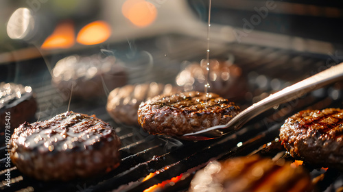 Flipping hamburgers on a grill with a spatula, captured in a close-up, selective focus shot. photo