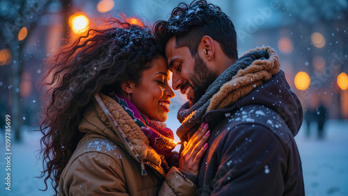 Winter proposal in the snow: Joyful couple sharing a romantic moment together in a snowy urban street during winter evening, smiling and embracing each other with warm affection