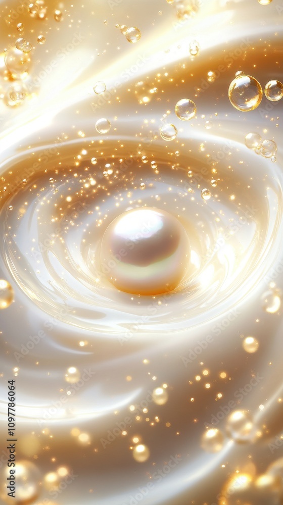 Obraz premium A luminous pearl nestled in shimmering golden liquid, surrounded by delicate bubbles and soft light reflections.