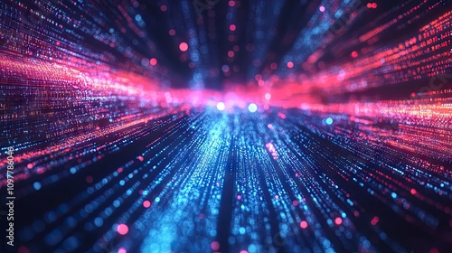 A vibrant abstract representation of digital data flow with blue and pink light streaks.