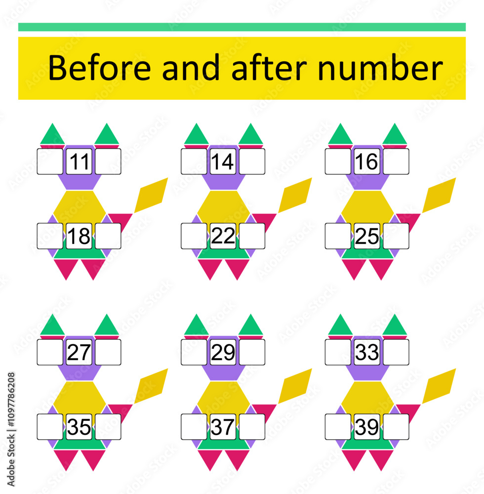 Fototapeta premium What comes Before and After. Math worksheets for kids. Number range up to 40.