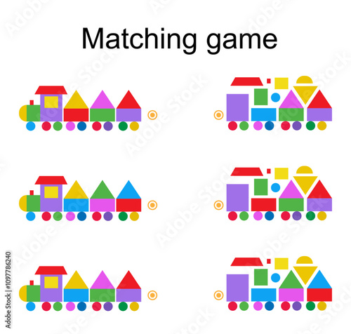 Matching game for kids. Find the correct color of cartoon train and match.