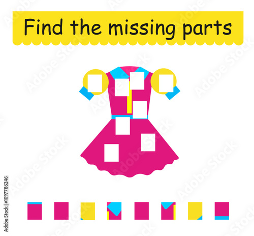 Game for children. Cute cartoon dress. Find the missing pieces.