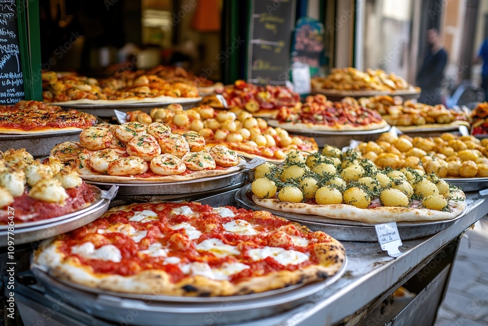 Variety of pizzas on display at a street market Variety of pizzas on display at a street market