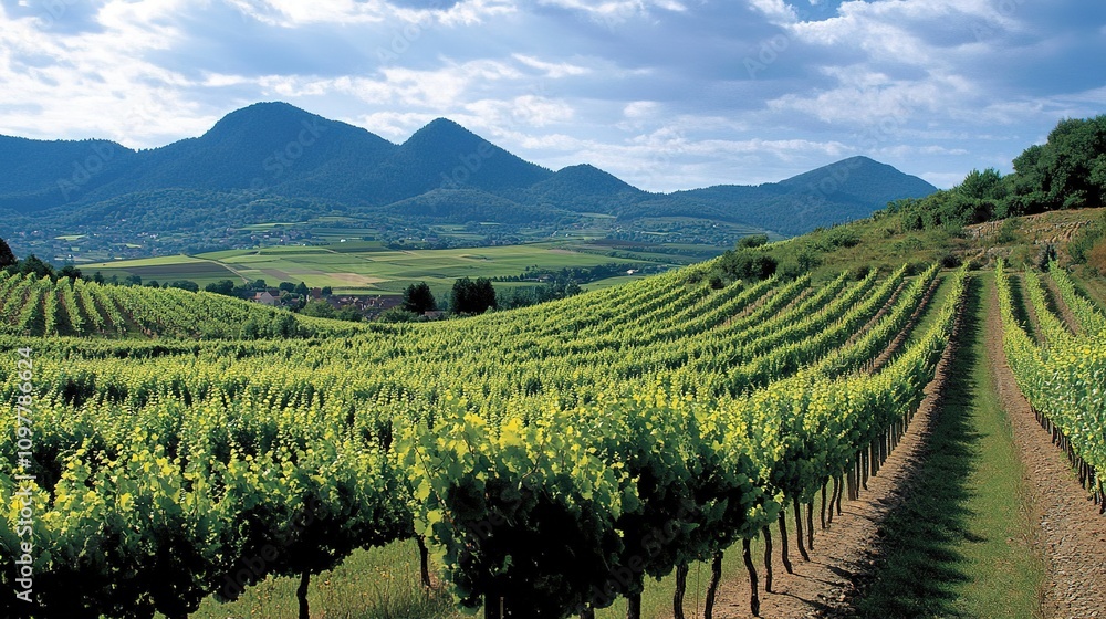 Fototapeta premium Lush vineyard rows with scenic mountain backdrop
