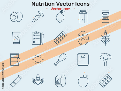 Icons representing nutrition and healthy eating themes in vector style