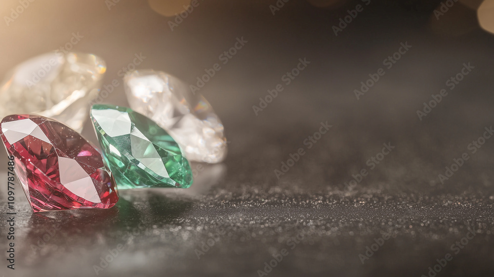 Close Up of Diamond Ruby and Emerald with Dark Background Close Up of Diamond Ruby and Emerald with Dark Background