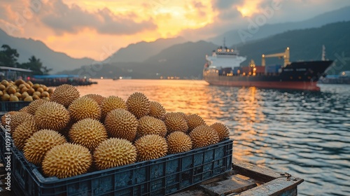 Durian Fruit Export  Sunset Harbor  Cargo Ship  Tropical Produce  Asian Market