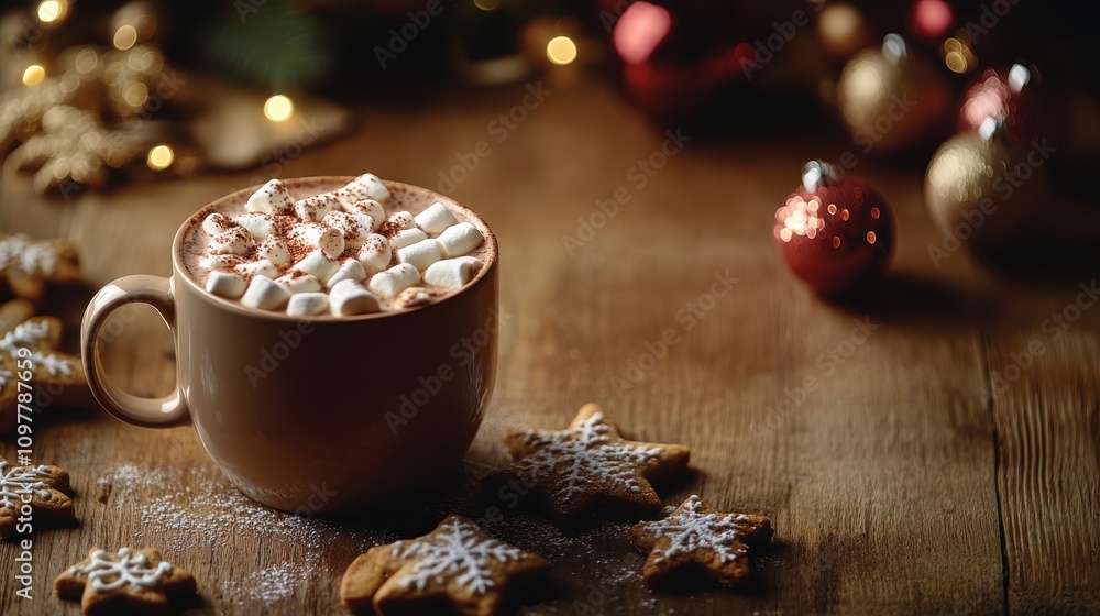 Fototapeta premium Hot chocolate with marshmallows and festive decor 