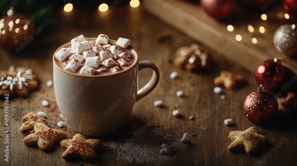 Hot chocolate with marshmallows and festive decor Hot chocolate with marshmallows and festive decor