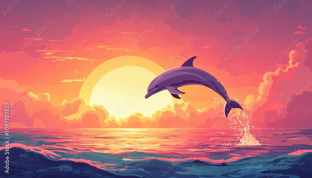 A vibrant sunset scene with a dolphin leaping over shimmering ocean waves, evoking a sense of tranquility and joy. A vibrant sunset scene with a dolphin leaping over shimmering ocean waves, evoking a sense of tranquility and joy.