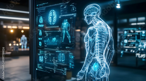 Wallpaper Mural A digital holographic display of a human body in a futuristic medical lab, representing AI-driven diagnostics, real-time health monitoring, and advanced healthcare technology.

 Torontodigital.ca