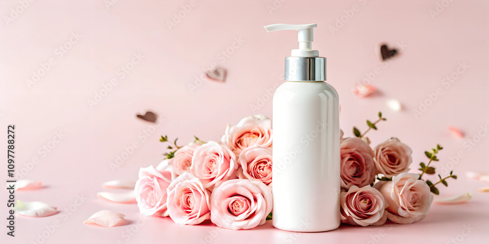 bottle of cosmetic with rose petals bottle of cosmetic with rose petals