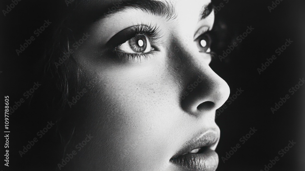 Monochromatic Portrait: A Woman's Profile, Hopeful Gaze Monochromatic Portrait: A Woman's Profile, Hopeful Gaze