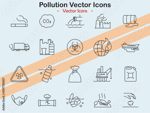 Icons depicting pollution and environmental issues in vector style