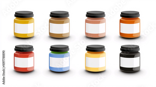 colorful glass jars with white labels on white background